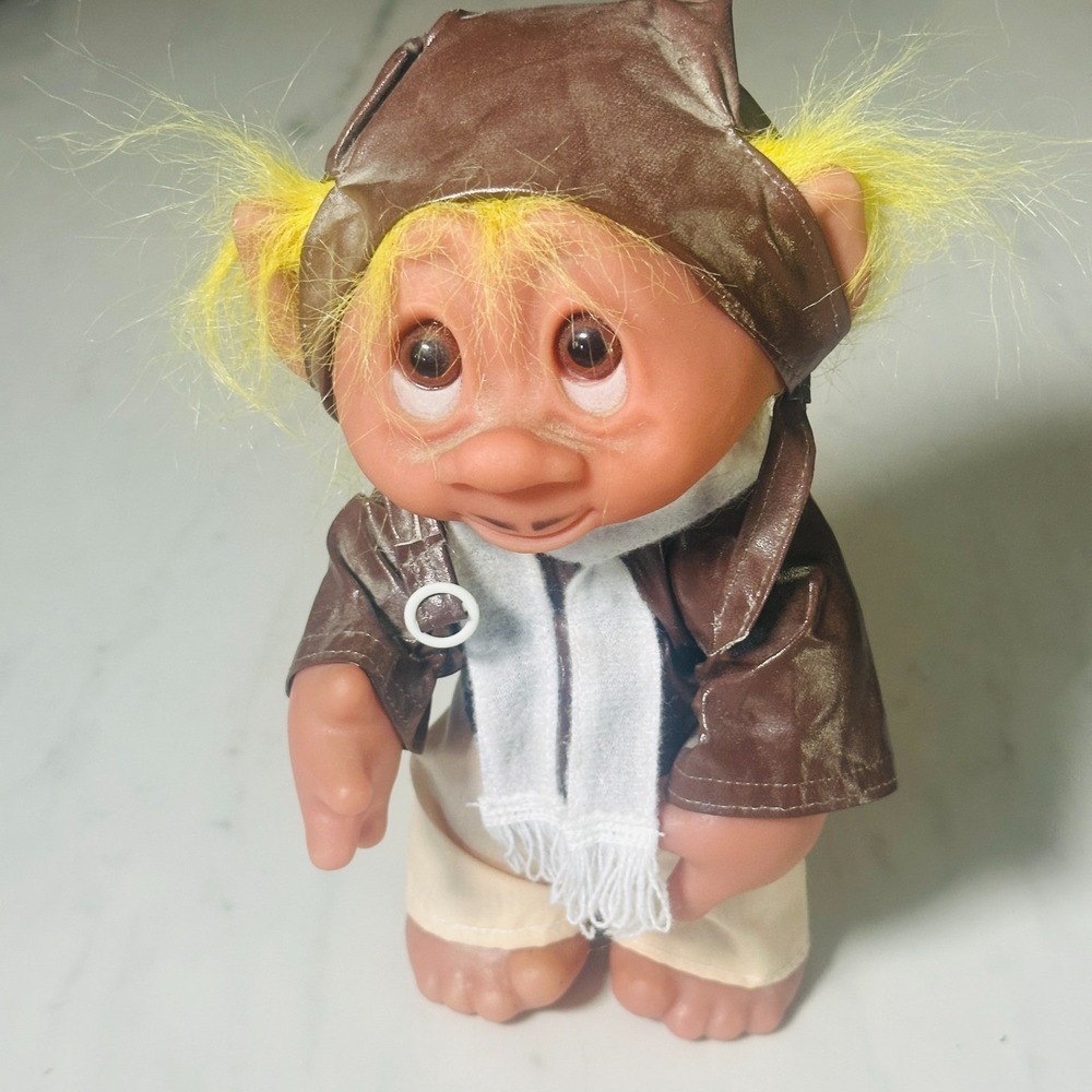 Dam Pilot / Aviator Troll Doll Yellow Hair Mustache Jacket Scarf and Cap 9"